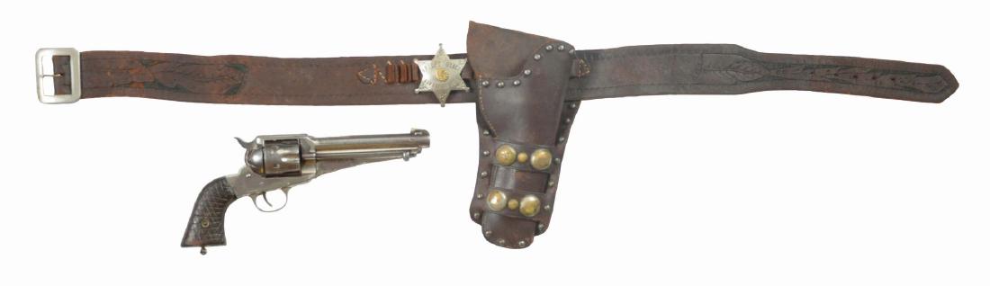 (A) Lot of 4: San Carlos Apache Reservation Police Rig: Lot consists of a factory nickel plated Model 1875 Remington with a barrel shortened to 5- 7/8". A knife blade front sight has been reset into the front barrel, top of barrel has a strong Remington fa