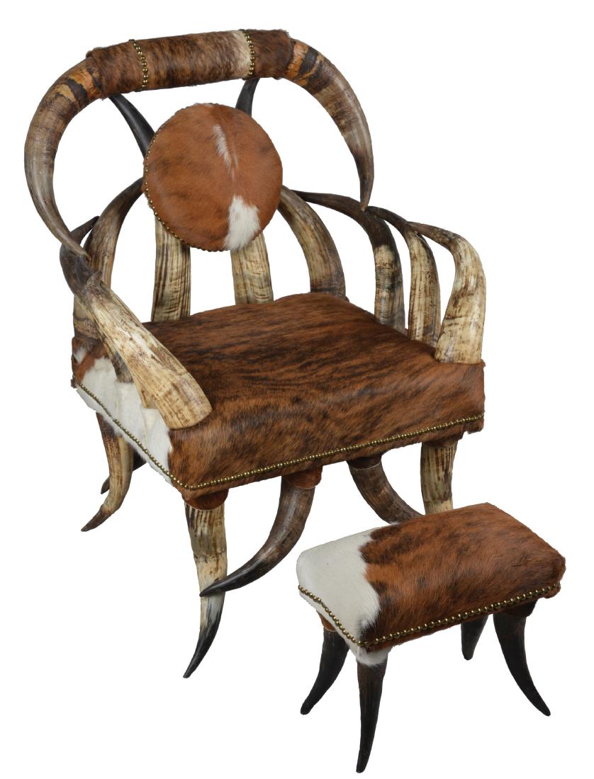 Lot Of 2: Horn Chair And Foot Stool.: This exotic horn chair and matching foot rest are upholstered in cow hide with brass tacks.Condition: (Excellent).Dimensions: 27"L x 31"W x 39-1/4"T.