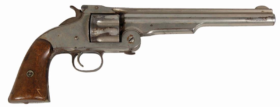 (A) Smith and Wesson Russian Revolver.: Very nice old model revolver, serial No. 13405, chambered in 44 Russian, with a 8" barrel, rich walnut grips, a smooth 60-70% of its original nickel finish, and a finely functioning action. Condition: