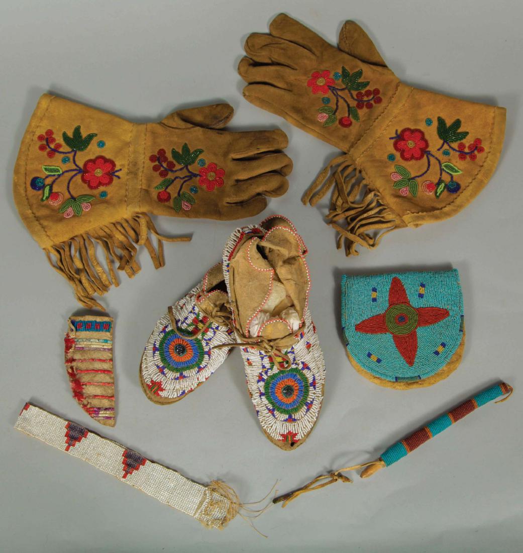 Lot Of 6: Plateau And Northern Plains Beadwork Items.: Lot consists of: A) Circa 1890, pair of Plains moccasins measuring 10" long by 3-1/2"wide. B) Circa 1890-1900, Nez Perce beaded pouch with star. C) Circa 1880's, miniature Sioux quilled and beaded kni
