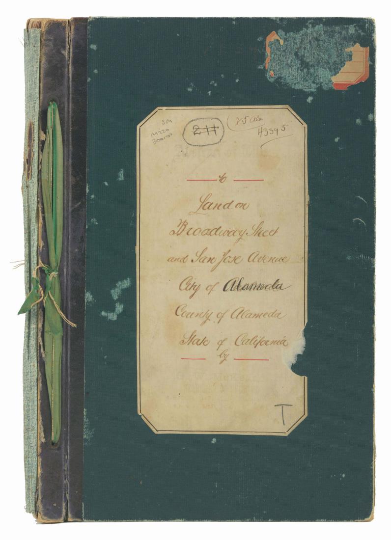 Alameda County, California 1870's Land Deed Ledger with: This book is entitled "Land on Broadway Street and San Jose Avenue, City of Alameda, County of Alameda, State of California" with a stamp by the agent. There are two interesting facets: there are 12 o