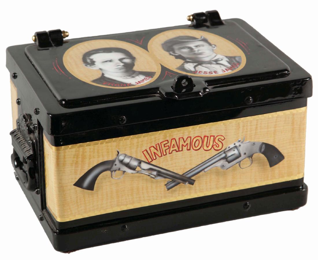 Infamous Frank And Jesse James Safe.: Nicely restored top opening safe with images of Jesse James and Frank James on the lid and "Infamous" with two guns across the front. The interior is adorned with a $10000 reward poster for the James'