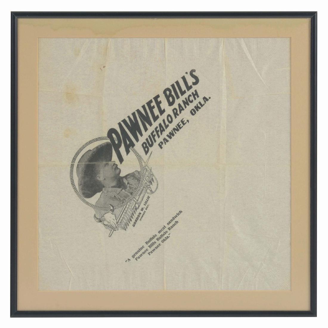Original Pawnee Bill Ranch Paper Napkin.: Talk about rare and fragile! Beginning in 1910, Gordon W. Lillie and his wide, May, opened Pawnee Bill's Buffalo Ranch. The hungry visitors would have received this napkin along with their genuine buf