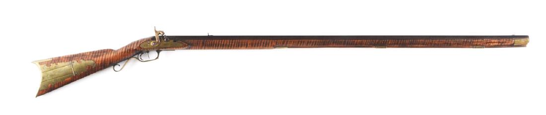 (A) FULLSTOCK OHIO LONG RIFLE BY ROGERS.: This rifle features a fully octagonal heavy rifled barrel with front dovetailed blade sight of silver and rear buckhorn sight mounted on top. Shaped tang retained by two screws extends into wrist and 