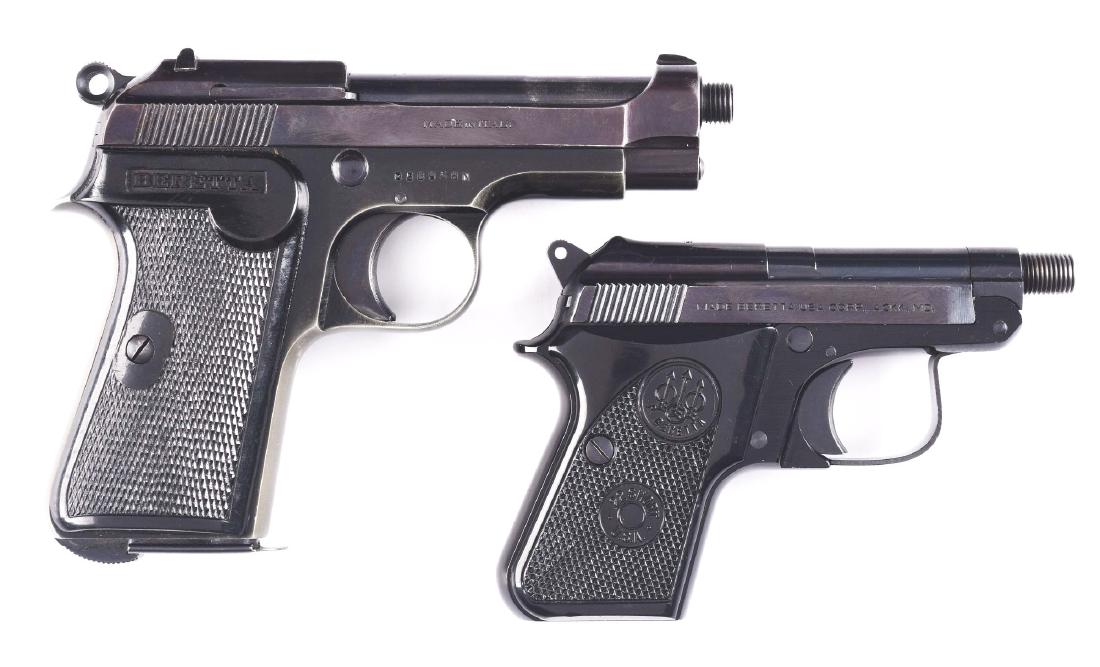 (M) Lot of 2: Beretta Semi-Automatic Pocket Pistols.: Lot consists of (A) Beretta Model 950BS in .22 Short. Features tip up barrel, single action, rear sight only, two piece plastic grips, threaded barrel, single action, button magazine release on bottom