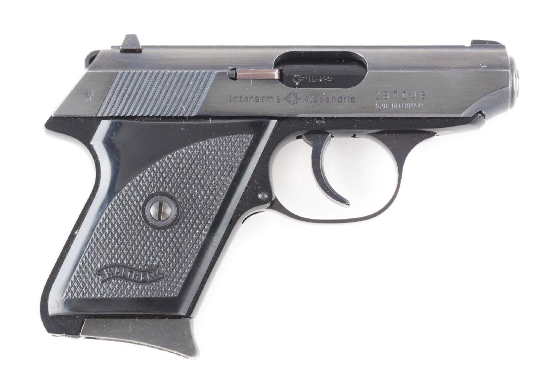 (M) Boxed Walther TPH Semi-Automatic Pistol.: Imported and stamped by Interarms, this is a German made blued example of the popular .22 caliber semi-automatic. Features blued finish and black Walther banner grips. CONDITION: Gun is virtually as n