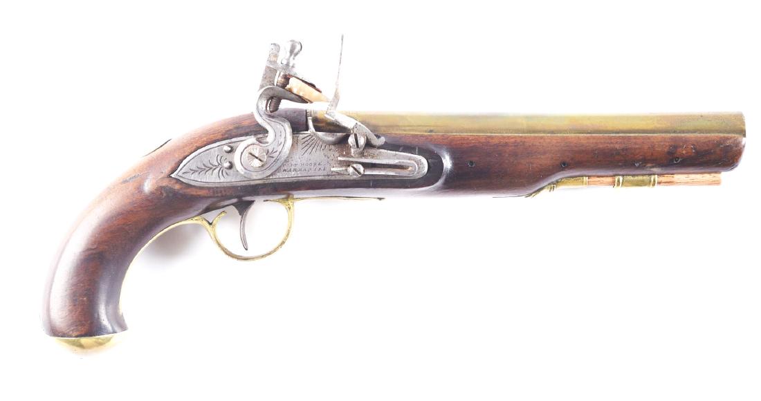 (A) American Flintlock Militia Pistol by J.P. Moore of: According to "Historic Pistols" by Samuel E. Smith and Edwin W. Bitter, John P. Moore operated a gunshop in New York City between 1823 and 1840. Although Moore had no federal or state contracts for ma