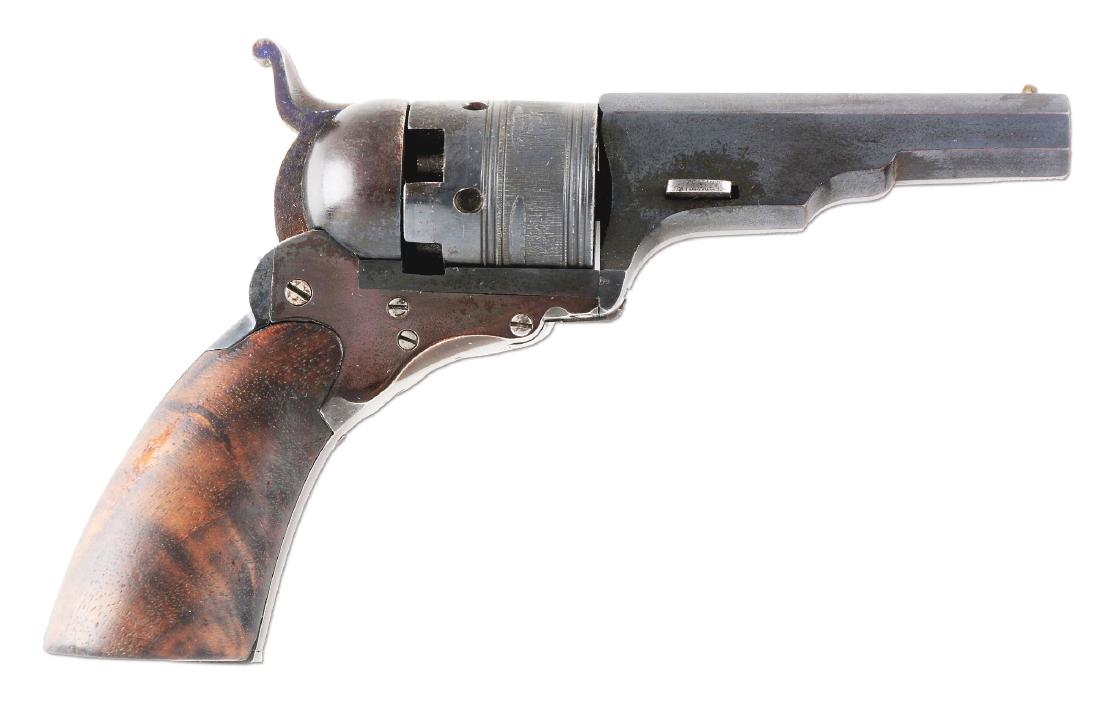 (A) VERY RARE SHORT BARREL COLT #2 BELT MODEL PATERSON: Rare Paterson with 3" octagon barrel, German silver front sight, and one line “Patent Arms M’g Co Paterson N-J Colt’s Pt” address with small bow ties at each end. Cylinder has five chambers wi