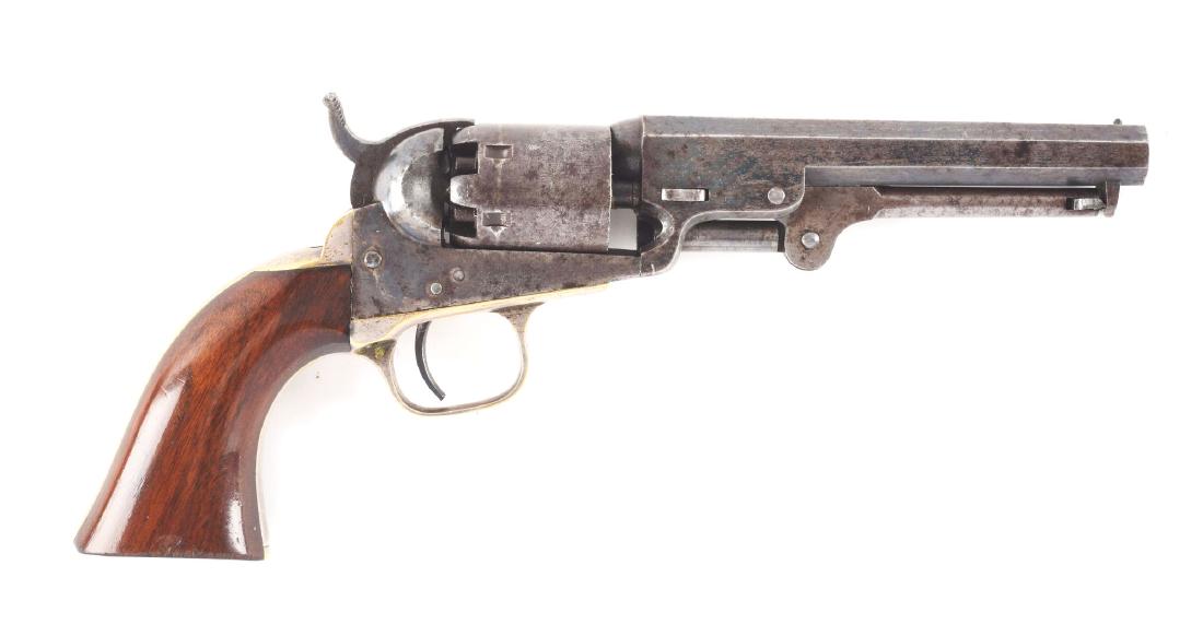 (A) COLT MODEL 1849 PERCUSSION POCKET REVOLVER.: Factory letter states this revolver was shipped in a shipment of 50 guns on September 20th, 1862 to J.P. Moores & Sons, New York as a six shot, 5", blued, .31 caliber with one piece wood grips. Gun re