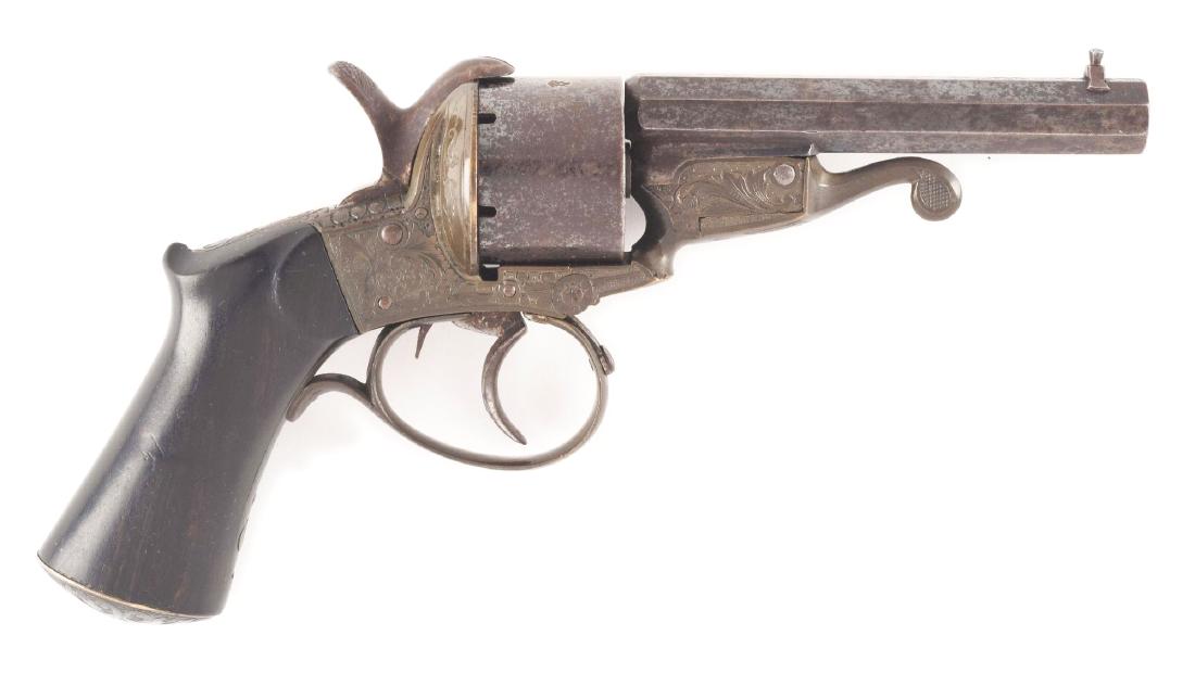 (A) GOOD ENGRAVED FRENCH PINFIRE REVOLVER BY M. JAVELLE: Javelle revolvers are unique in that they have a lever which when activated causes the barrel cluster to fall forward for ease of cleaning and loading. Javelle patented this design and his revolvers a