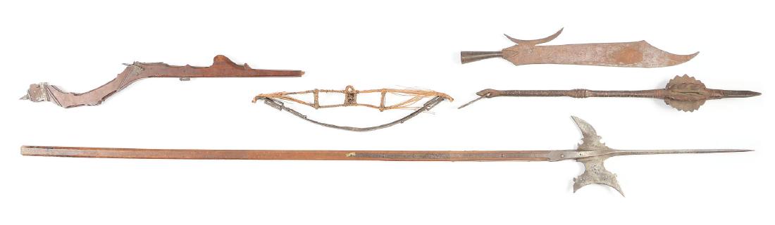 Lot of 4: European Weapons Including A 17th Century: Lot consists of (A) Cast iron mace with overall patination. (B) Fouchard blade with surface rust overall and remnants of etched decoration. (C) Halberd with pierced decoration of blade, measuring 6",