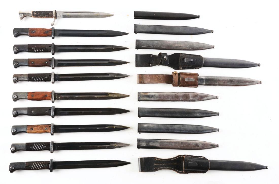 OUTSTANDING COLLECTORS ASSORTMENT OF GERMAN K-98: This immense lot consists of: ten German K-98 bayonets with scabbards and some with frogs. The following makers marks are observed: Elite-Diamont dated 1938, E.U. Horster dated 1937, 41 cof, Clemen & 