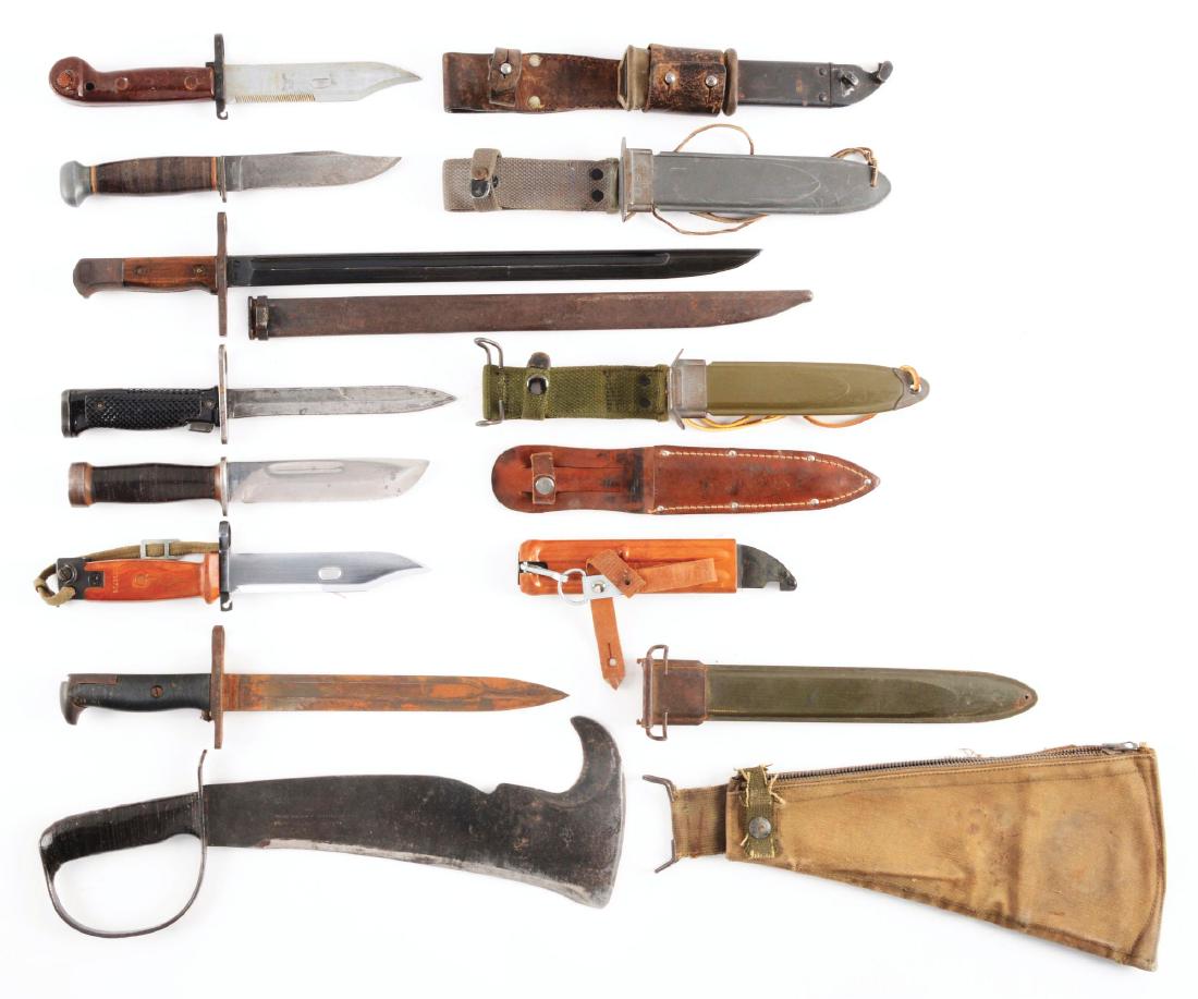 LOT OF 8: US, AK47, AND JAPANESE BAYONETS.: Lot contains: (A) Soviet made Vietnam era AK47 bayonet with scabbard. Marked "UV1509" on blade and "IV1535" on scabbard. No damage to blade and scabbard, just finish wear. Leather frog exhibits the we