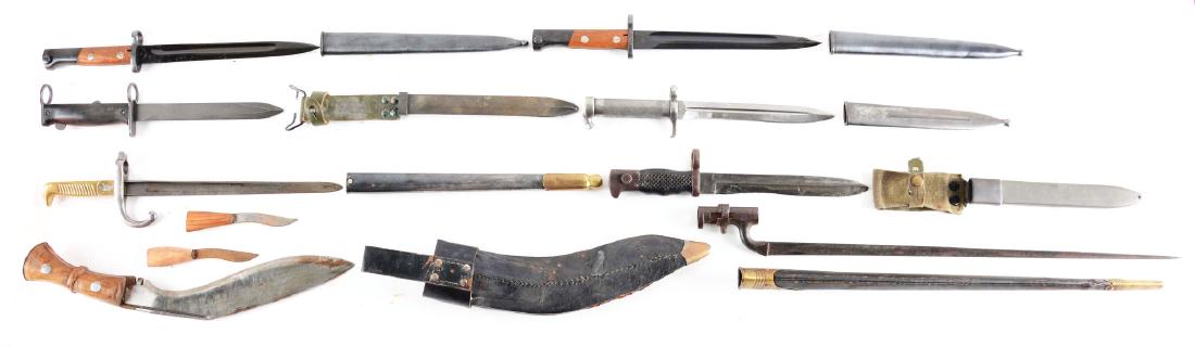 LOT OF 8: EIGHT EDGED WEAPONS FROM VARIOUS COUNTRIES.: Lot consists of: (A) Toledo marked 8.5" blade with plastic sheath. (B) All metal bayonet, handle and sheath for Mauser EJ AB Anchor marked blade. (C) Brass handle, metal sheath, blade not marked. (D) 