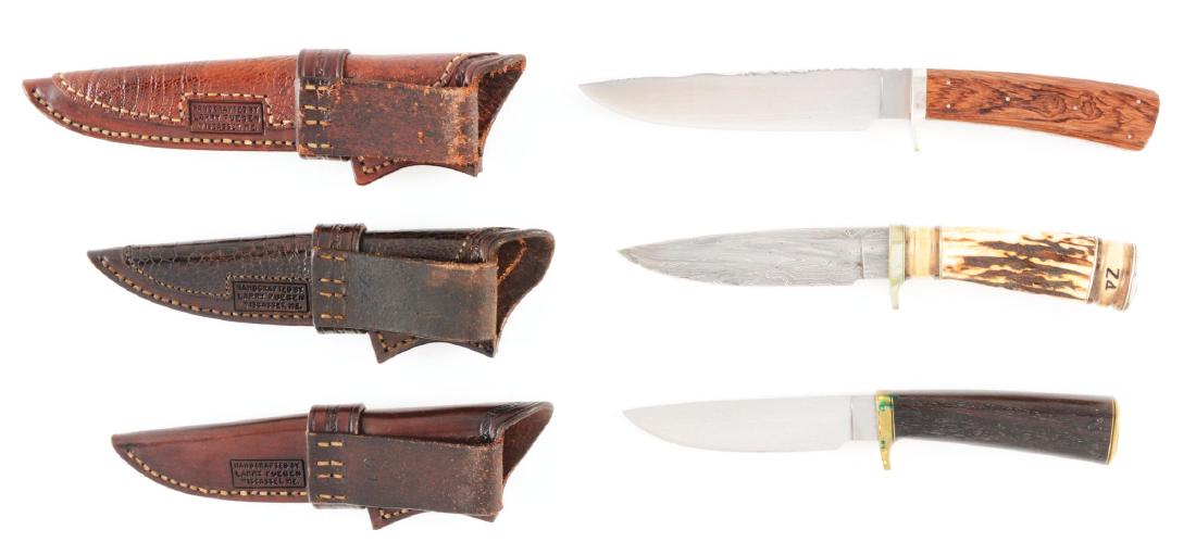 Lot of 3 Custom Fixed Blades by Larry Fuegen.: Lot consists of (A) Larry Fuegen Wiscasset, ME. 5" damascus drop point blade. Overall 9 - 1/2". Handled in stag horn with nickel silver half guard and butt cap. Large Z4 just below buttcap. Fantastic 