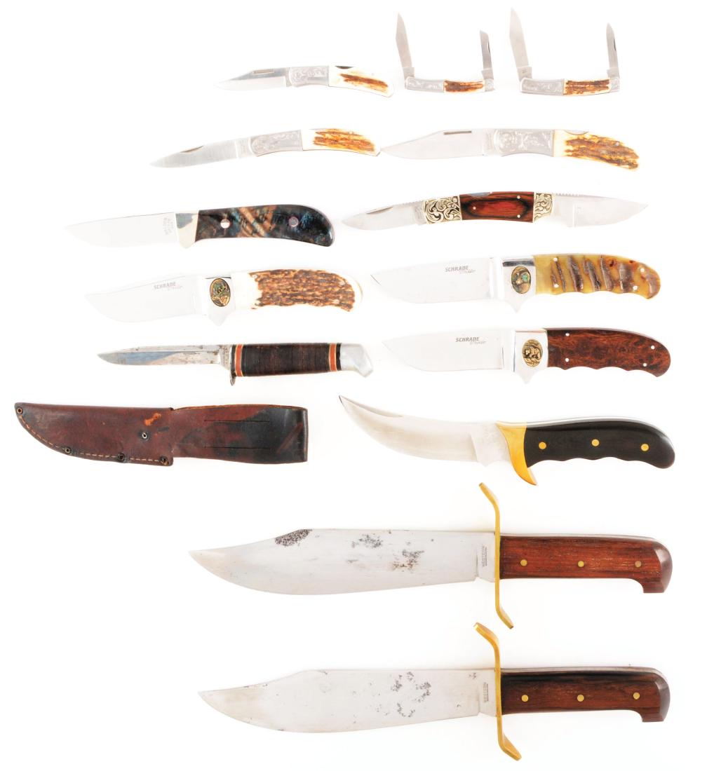 LOT OF 14: MIXED PRODUCTION KNIVES.: Lot consists of: (A) From the Premier Edition Officer Ranch Stag Collection: the 4175 Wild Turkey. This lockback folder features an AUS-8A spear point blade, engraved bolsters and pinned Indian Sambar