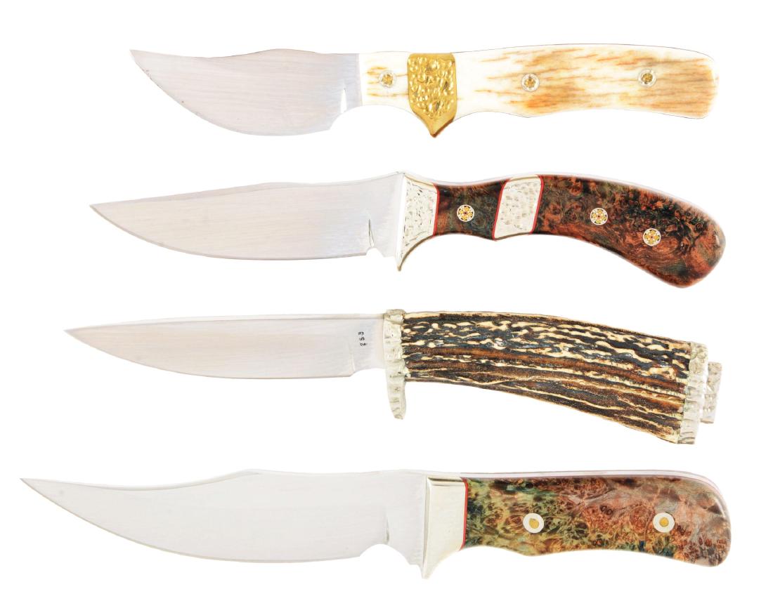 LOT OF 4: MIKE THOUROT CUSTOM HUNTING AND BOWIE KNIVES.: Lot consists of: (A) Unique mirror polished skinning knife with original edge, featuring stippled brass guard, collar and handle pins. Blade is etched "Thourot" over "MWT" over "Napoleon, OH". The sin