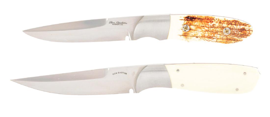 LOT OF 2: RON GASTON CUSTOM FIGHTING KNIVES.: Lot consists of: (A) A beautifully designed medium sized fighter, knife displays its original double edge, "Ron Gaston" over "Woodruff, SC" signature etch and hand rubbed finish on the blade and bolst