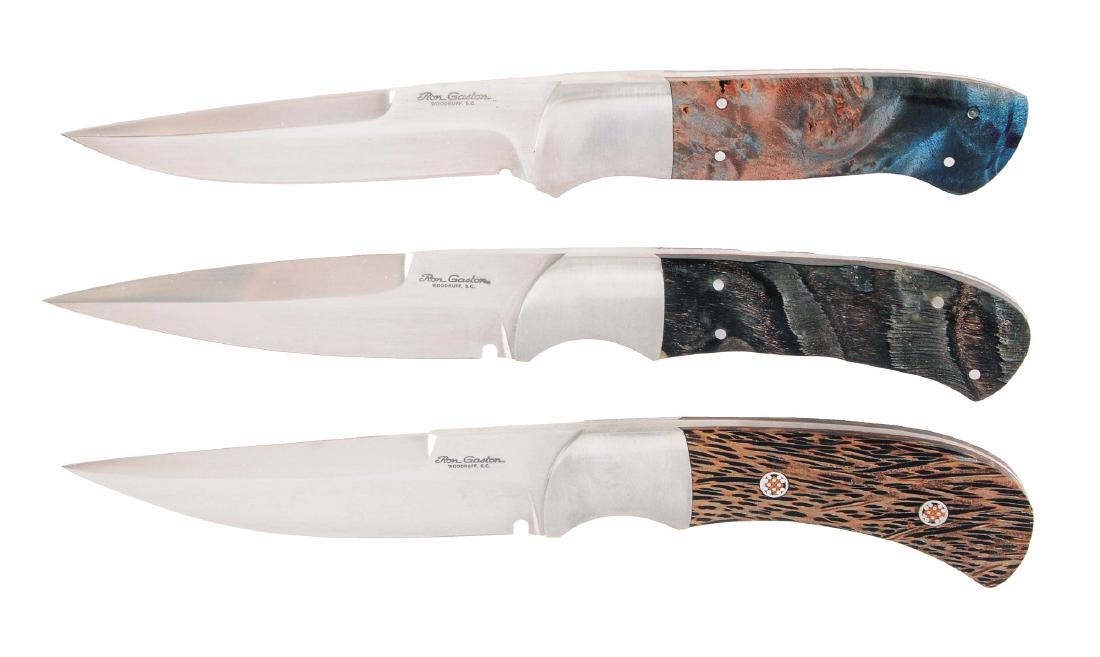 LOT OF 3: RON GASTON CUSTOM FIGHTERS.: Lot consists of: (A) A beautiful set of three medium sized fighters, the first knife displays its original double edge with "Ron Gaston" over "Woodruff, SC" signature etch. The hand rubbed finish on t