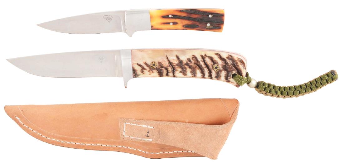 LOT OF 2: RALPH SMITH CUSTOM KNIVES.: Lot consists of: (A) Small stainless steel caping knife with a full length, tapered tang and maker's etch of "Smith Handcrafted Knives" set within an outline of South Carolina. Red stag handles with r