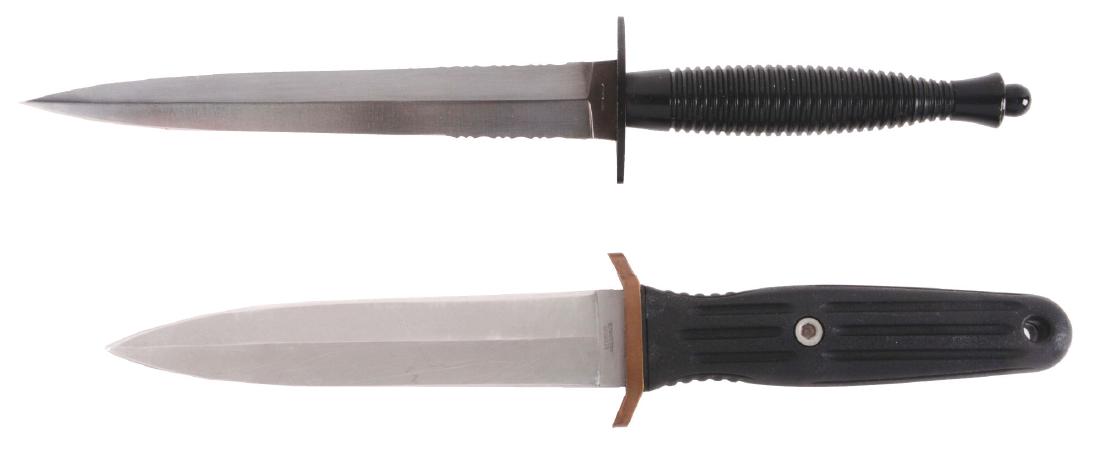 PAIR OF COLLECTORS FIGHTING KNIVES BY AL MAR AND BOKER: Lot consists of: (A) Al Mar Fairbairn Sykes fighting stiletto with serrated edge and marked with the Al Mar chop mark and Seki Japan on ricasso. Black finish handle with skull crusher butt. Housed in 