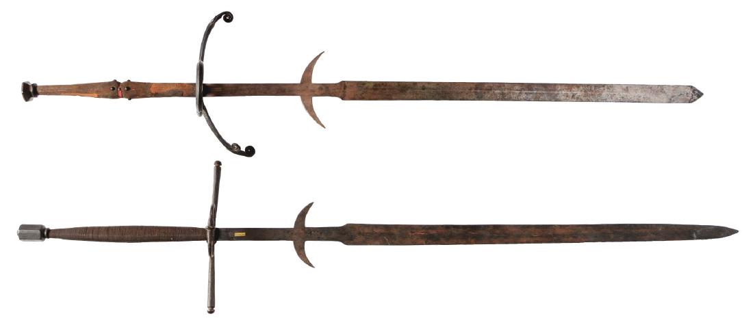 Lot of 2: Processional Swords, 17th Century and Later.: Lot consists of (A) with 49" blade, 69" overall. Has what appears to be a period guard. Cutting blade itself is 36" long. Waisted grip remnants of old fabric covering. Hexagonal pommel of iron. Blade 