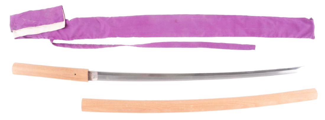 A Good Shinto Katana, Taira School, Signed Morinao,: A 27 - 1/2" (70cm) blade with complex straight temper line showing considerable activity. The tang with two holes. Suriage with full seven character Morinao signature. CONDITION: Blade is excellent, h