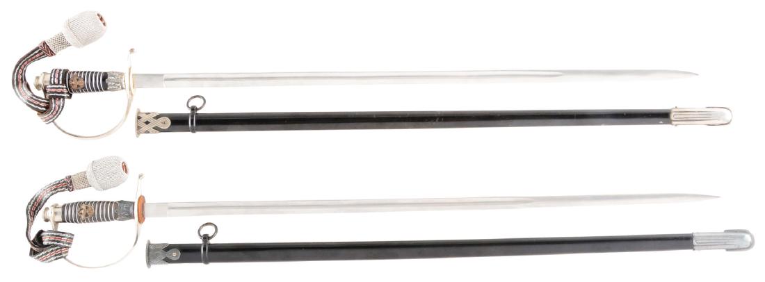 LOT OF 2: THIRD REICH POLICE NCO SWORDS.: Lot contains: (A) "Krebs" Polizei NCO sword, and (B) "Alcoso" Polizei NCO sword. (A) Nickel plated "Krebs, Solingen" marked blade with light scattered marks. Steel fittings are nickel plated with pati