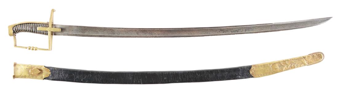 HISTORIC REVOLUTIONARY WAR STIRRUP HILT CALVALRY SABER: This saber, probably French in origin, is accompanied by a detailed letter from Giuliano Cipolla. He explains that he purchased this sword in 2001 from a descendant of Captain, later Major, James Parr