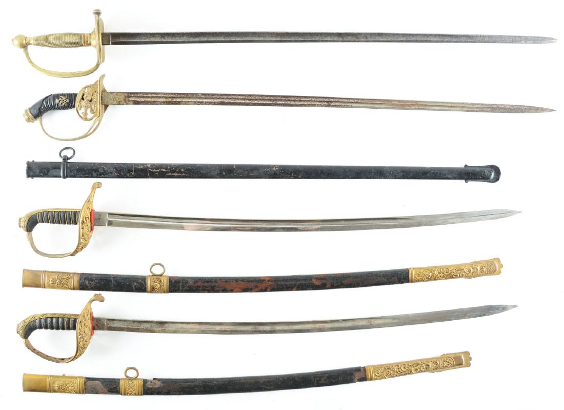 LOT OF 4: ONE MODEL 1840 NCO SWORD, ONE PRUSSIAN MODEL: Lot consists of (A) US Model 1840 Non-commissioned officer's sword. 32" single fuller blade marked very lightly for Ames on left side of ricasso, right side ricasso marked very faintly " U.S. / U / 18