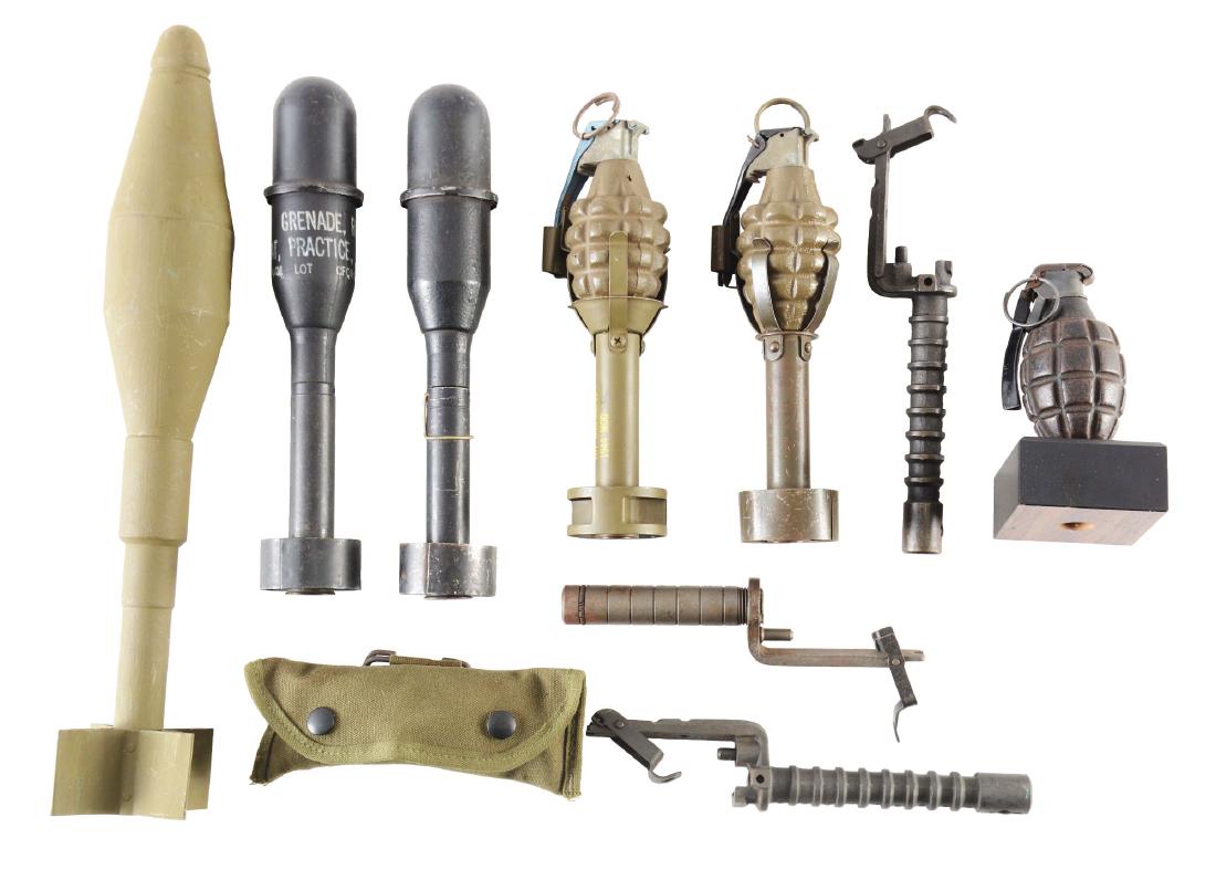 Group of American Inert Ordnance.: Group consists of: M11A4 Practice Rifle Grenade: M11A4 Rifle Grenade: Two M7A3 Grenade Launchers: M7 Grenade Launcher: Two M1A2 Grenade Adapters with attached grenades: M15 Grenade Launcher Sight in c