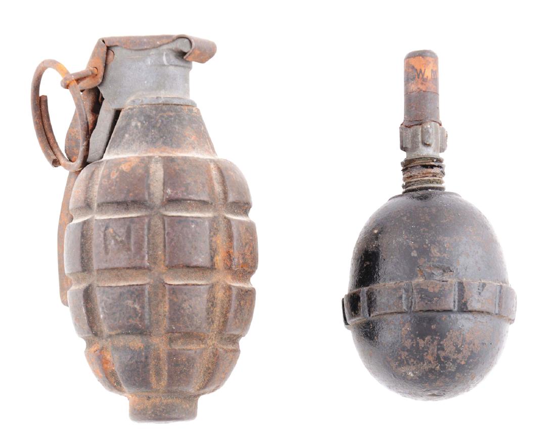 Lot of 2: MKI & German Egg Grenades.: Lot consists of: (A) Highly sought after by US collectors, this is the US World War I MKI Defensive fragmentation grenade. Described as a copy of the French F1 body with a unique and ill-fated US fuze