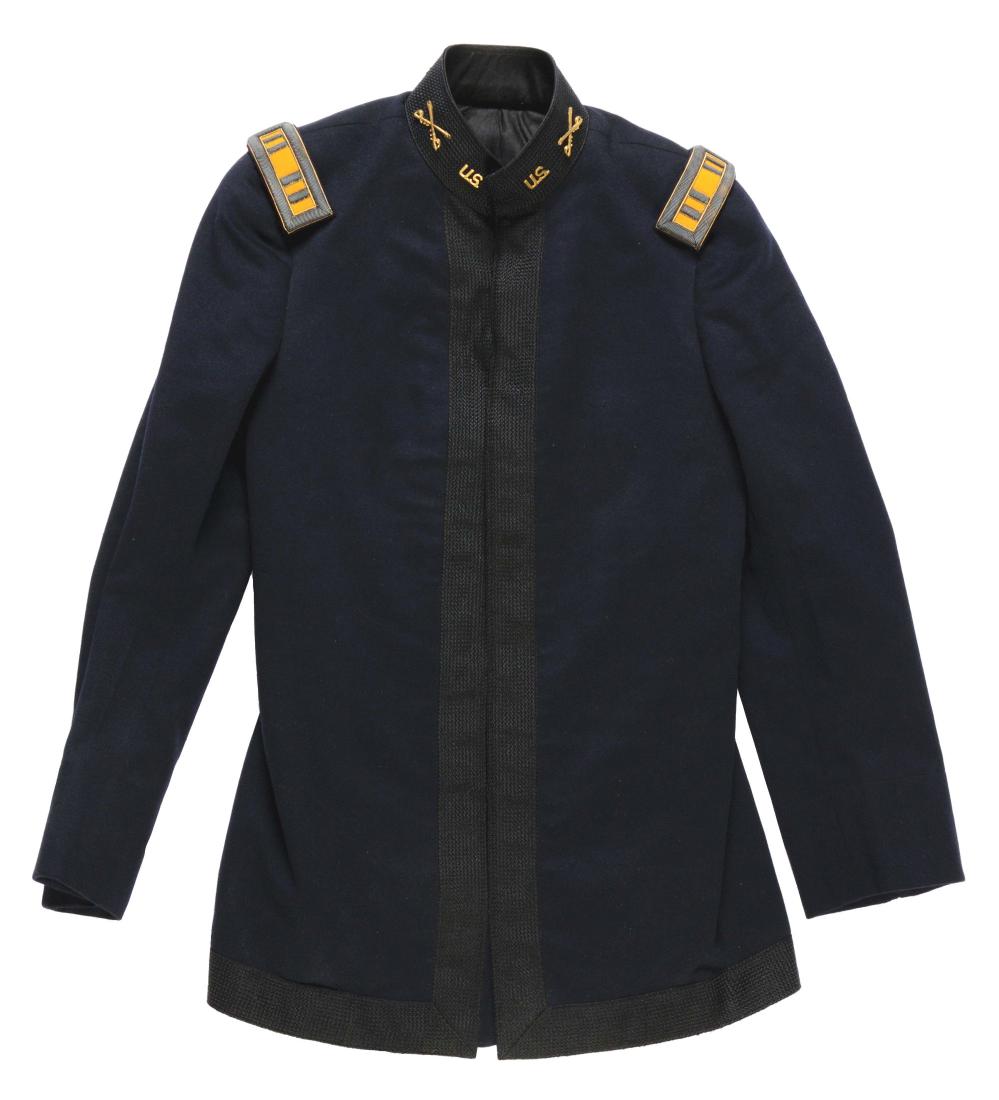 LOT OF 8: INDIAN WARS UNIFORM COATS AND TWO PAIRS OF: Lot consists of: (A) M1895 cavalry officer's undress blouse with mohair trim and collar. Period original pin backed cavalry and US insignia to the collar with silver bullion captain's shoulder straps.