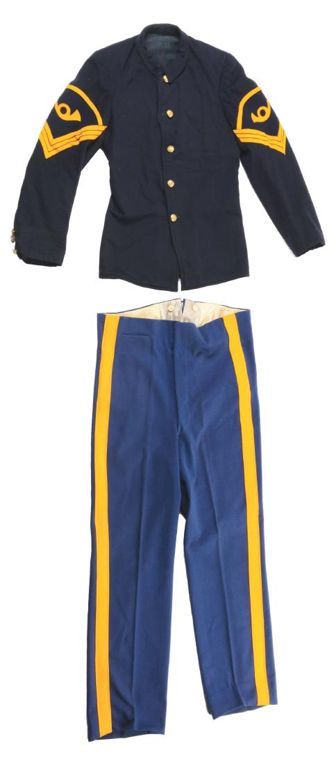 LOT OF 3: 1880'S CAVALRY TUNICS AND A PAIR CAVALRY: Lot consists of: (A) 1880's five button regulation cavalry fatigue blouse with Chief Trumpeter's chevrons. Lined in jeancloth, this blouse has solid stitching overall. CONDITION: Only one small moth n