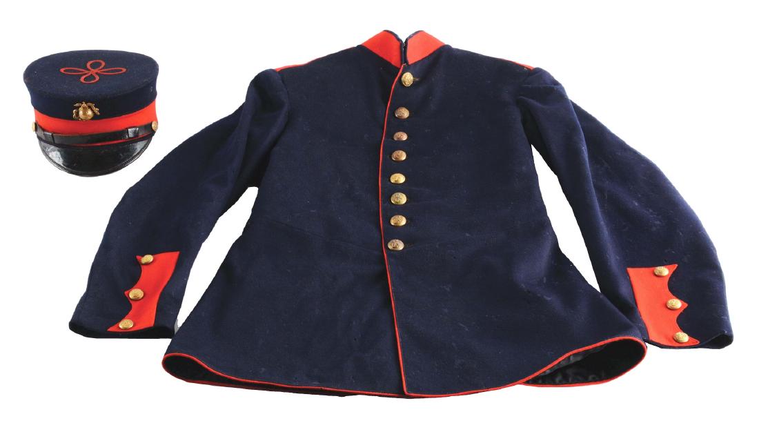 LOT OF 2: 1904-12 U.S.M.C. DRESS HAT AND TUNIC.: Lot consists of 1904-1912 USMC Dress Hat and Tunic. This style of dress tunic and hat were worn by the United States Marine Corp from 1904-12 when they were heavily involved in the so called Banana Wa
