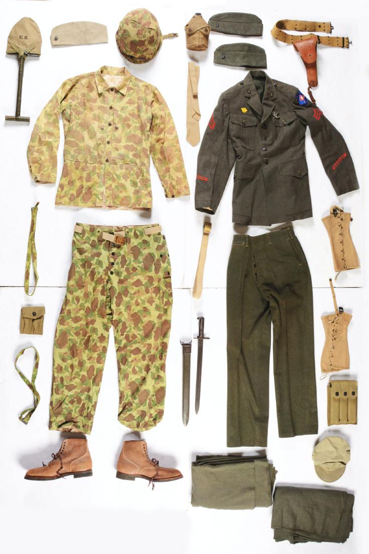 Large Lot Of World War II USMC Uniforms And Gear.: Lot consists of : M1 Helmet, swivel bale, front seam, shell is overpainted, Capac liner. Covered with a HBT USMC camouflage cover. Liner webbing in very good condition, exterior shows paint wear. Cove