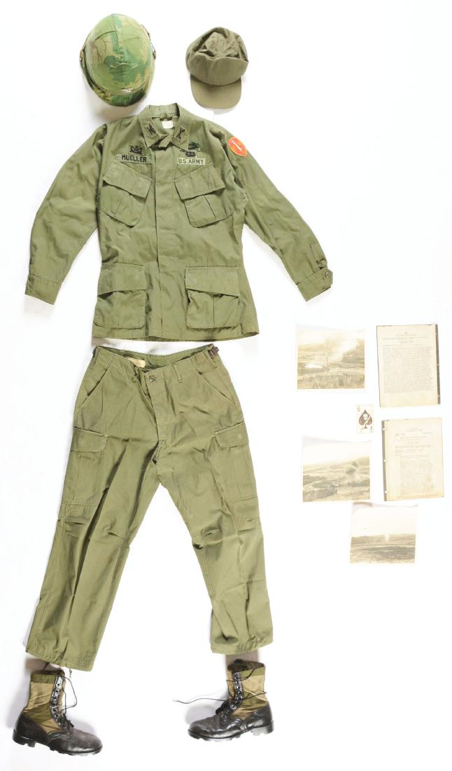 Identified Vietnam War Colonel's Group.: Group consists of: Poplin slant pocket field jacket with MACV patch on left sleeve and theater made embroidered insignia consisting of, infantry, rank, paratrooper wing, CIB, South Vietnamese Ranger b