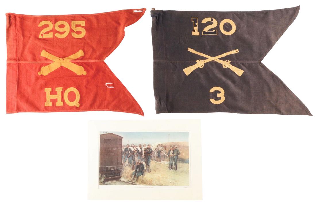 LOT OF 3: TWO 19TH CENTURY GUIDONS & FRAMED SPANISH: Lot consists of two Guidons and a framed print of the Spanish American War. In the United States Army, Navy, Marine Corps, Coast Guard and Air Force, a guidon is a military standard that company/batte