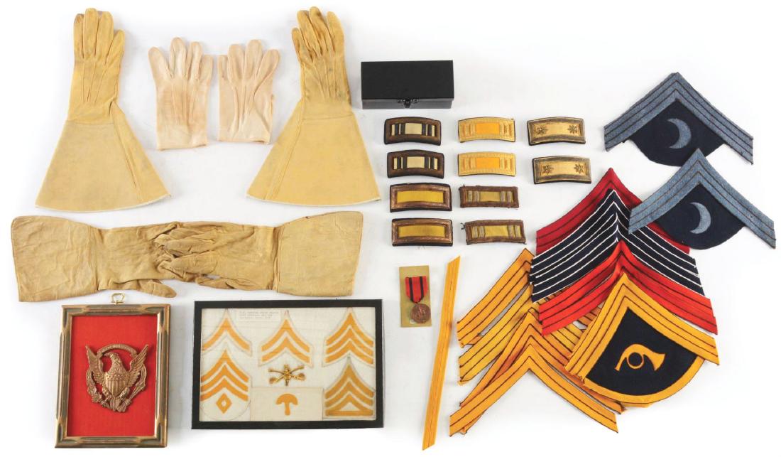 LOT OF 23: INDIAN WARS INSIGNIA, STRIPES, EPAULETTES: Lot consists of: (A) Set of late Indian Wars to Span Am era cavalry captain's bullion shoulder straps in original japanned tin box. (B) Set of M1902 cavalry captain's false embroidered shoulder straps