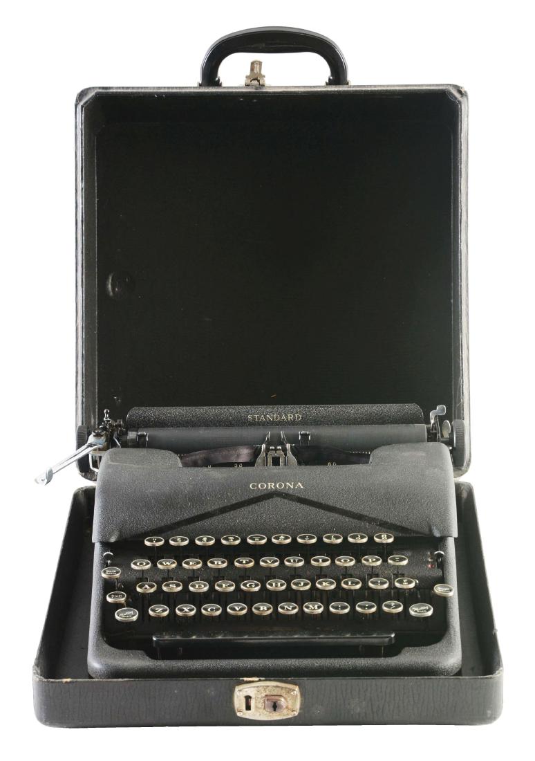L C SMITH & CORONA MODEL 1941 TYPEWRITER ATTRIBUTED TO: Model 1941 manufactured by L C Smith & Corona. Typewriter has black matte finish with steel keys. "Corona" seen above keys, "Standard" found behind feed roller. The rear is marked "L C Smith & Corona 