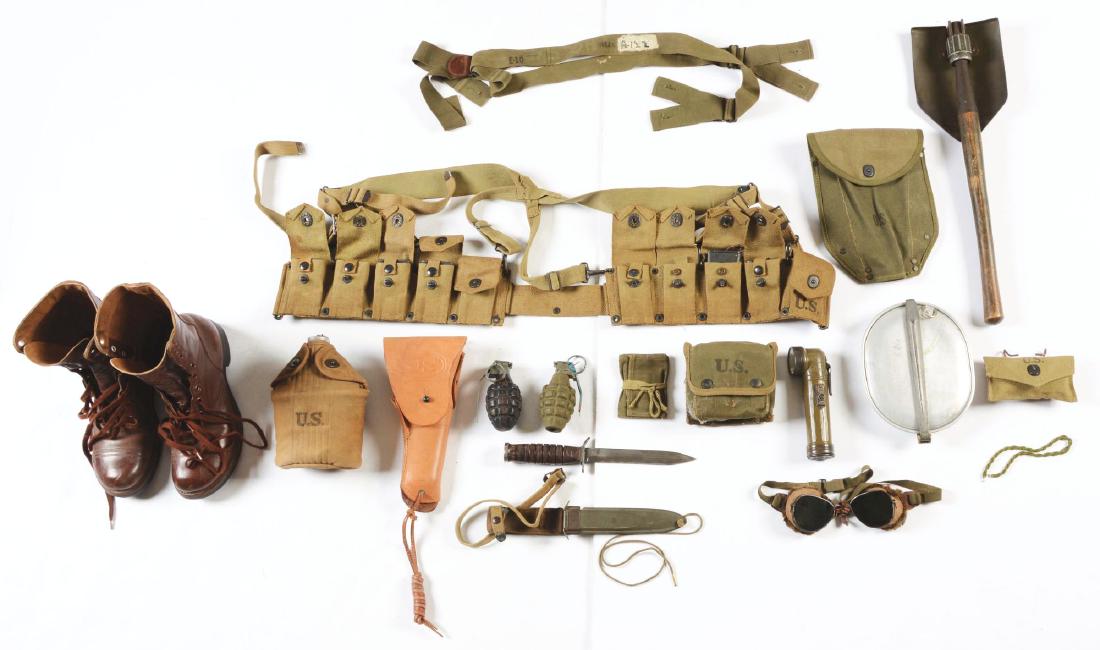 Lot Of World War II Period US Military Field Gear.: Lot consists of: Model 1910 Canteen with "spun" body and smooth cap, housed in cover dated 1917. Very good condition: M3 Fighting Knife, marked on the crossguard: "US M-3 UTICA", housed in M8 scabbard