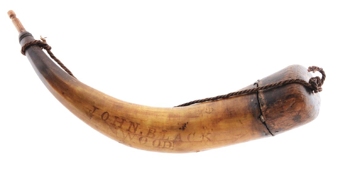 Large Engraved Nautical Powder Horn of John Blackwood,: This large horn measures 19-1/2" overall with a large wooden plug with an iron staple for sling attachment. Relief conical spout wrapped with string to reinforce period cracking. Top section faceted, 