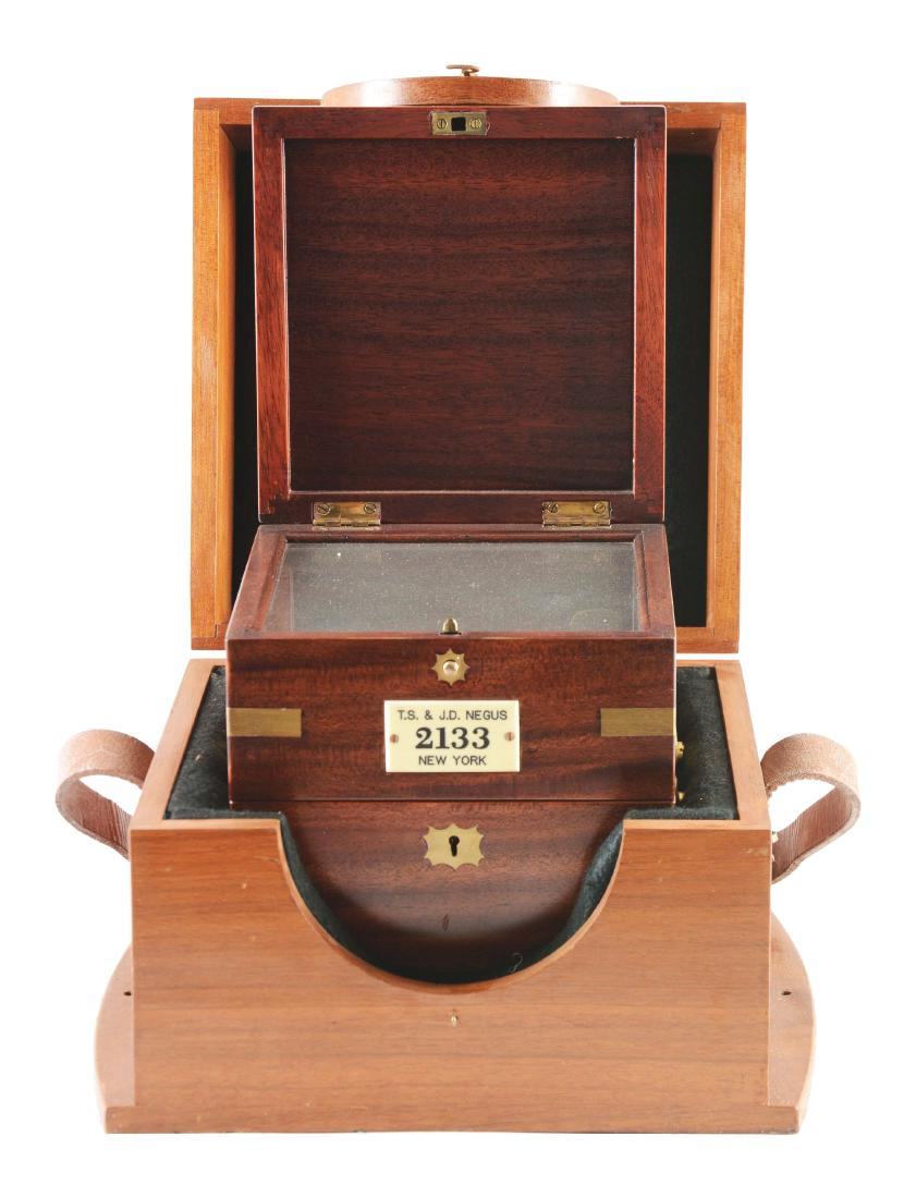T.S. & J.D. Negus New York Marine Chronometer.: T.S. & J.D. Negus New York Marine Chronometer, no. 2133, with 4-in. diameter silvered brass dial inscribed "T.S. & J.D. NEGUS / New York No 2133", Roman numerals, up/down indicator and seconds dial be