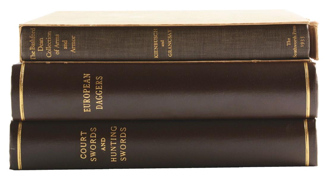 Lot of 3: "Court Swords and Hunting Swords" by Bashford: Lot consists of (A) "The Bashford Dean Collection of Arms and Armor in the Metropolitan Museum of Art" by Kienbusch and Grancsay, The Arms and Armor Club, 1933 in a slipcase. Front page is initial "A.