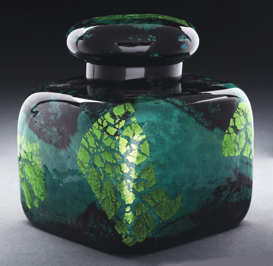 Daum Art Deco Box.: Daum Art Deco box has square body and rounded top. The internally decorated glass box has a flowing band of blue, as well as random splashes of blue around the sides, and is further decorated with gol