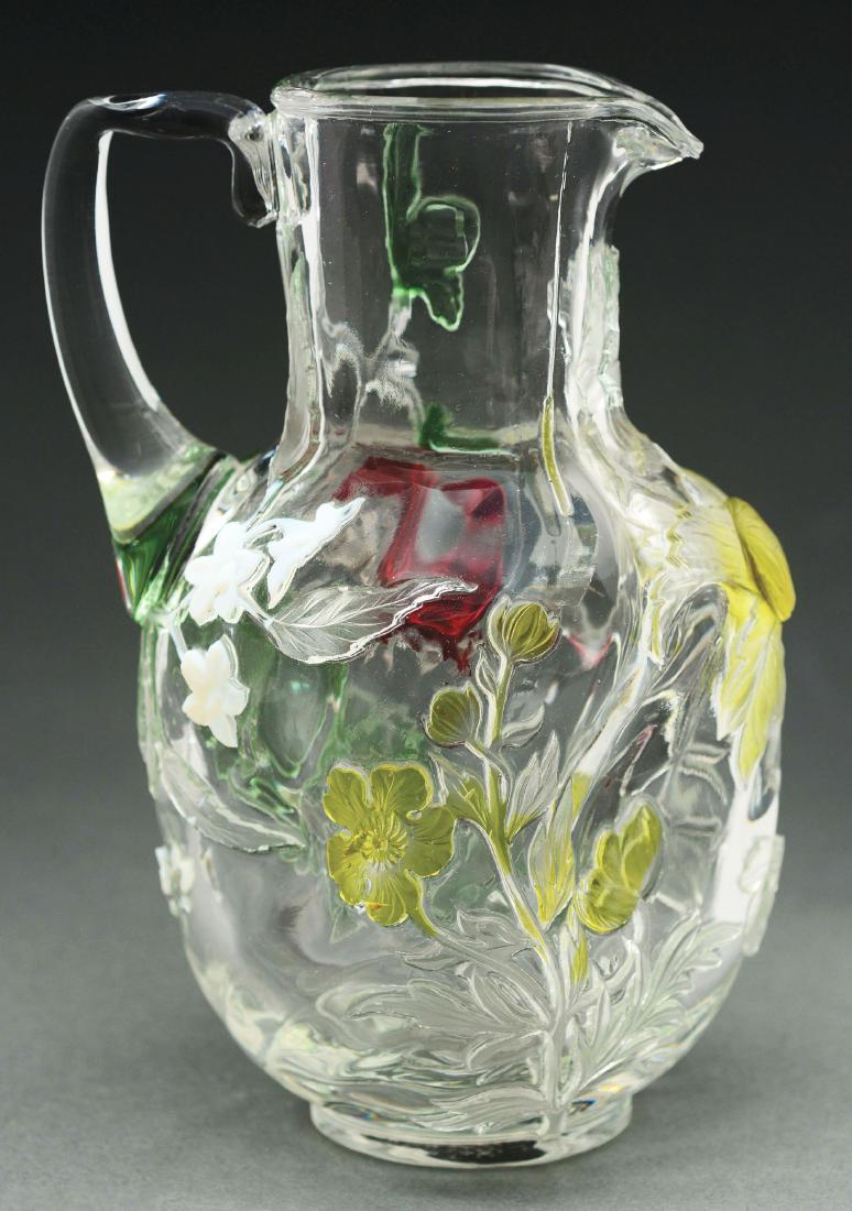 Webb Wheel Carved Pitcher.: Fine Webb crystal pitcher has four pinched sides and is deeply wheel-carved with grape leaves and red grapes. One leaf has internal decoration of green shading to white. The back side of the pitcher h