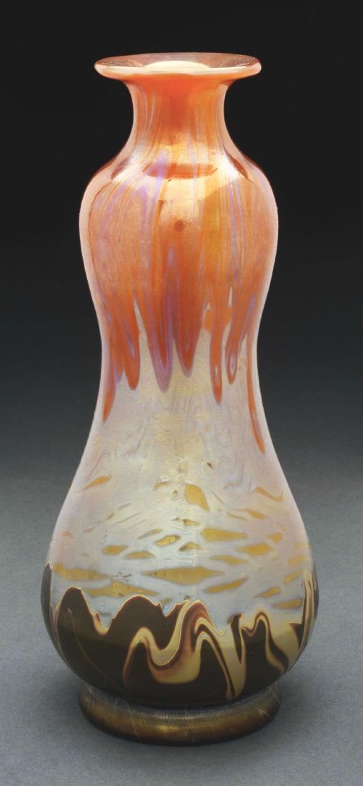 Loetz Phaenomen 358 Vase.: Loetz vase is decorated in the desirable Phaenomen 358 decor, commonly referred to as "Black-Bottom", designed by Franz Hoffstoetter. Signed on the underside "LOETZ AUSTRIA". Very Good to Excellent. C