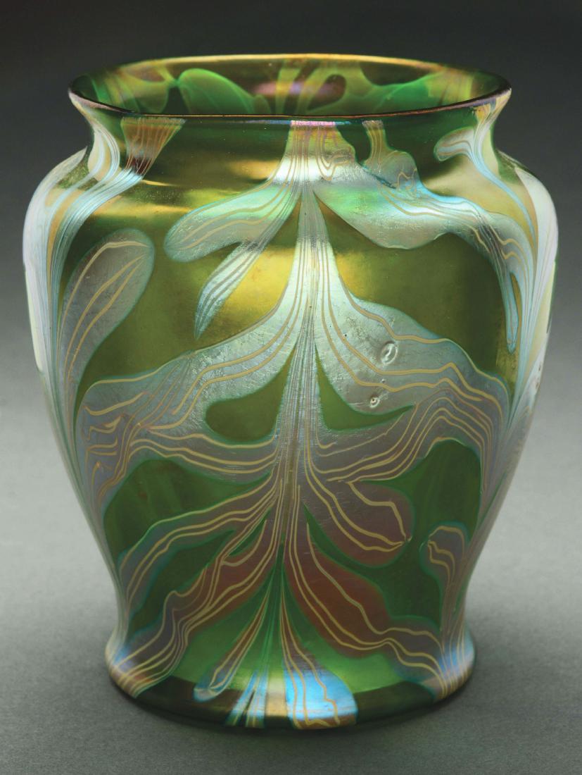 Loetz Phaenomen 2/450 Vase.: Loetz vase has Crete ground decorated with PG 2/450 Variant decor, having silver/yellow bands with white lines. Unsigned. Very Good to Excellent. Note: This exact vase is pictured on Loetz.com in the