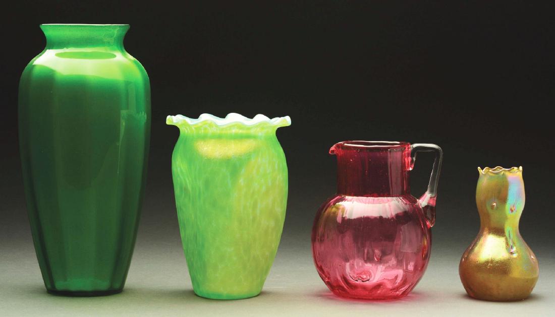Four Loetz Glass Items.: First, Loetz vase in the Metallin decor has vertically ribbed body and bright green translucent finish, unsigned; second, Loetz vase in the Astartig decor, finished in bright gold iridescence with fla