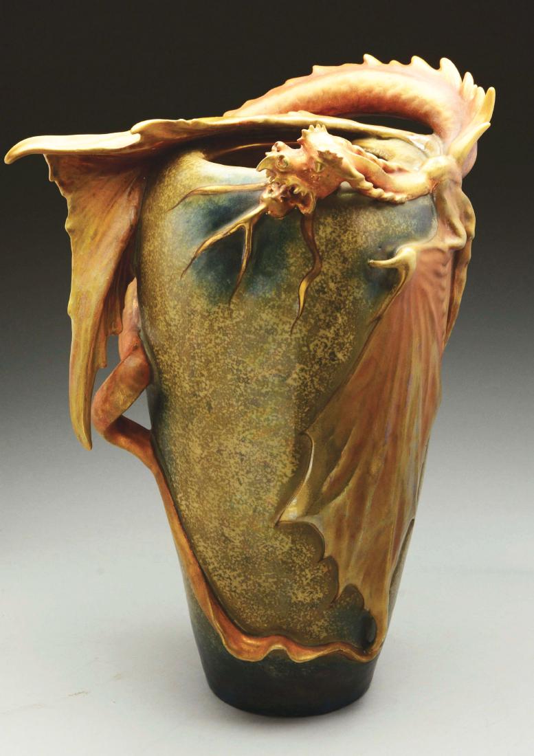 Amphora Ceramic Monumental Dragon Vase.: Vase in high fired and matte glazes. Circa 1900. Imperial Amphora mark, Amphora oval mark, Austria oval mark, Crown mark, impressed "4105, 40". The model is illustrated in "Monsters and Maidens Collec